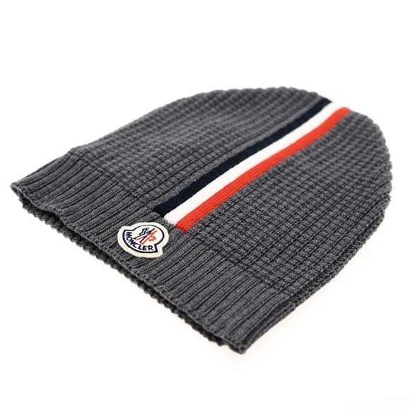 Moncler Beanie Hat Logo Striped Waffle Knit Wool New - Picture 3 of 5